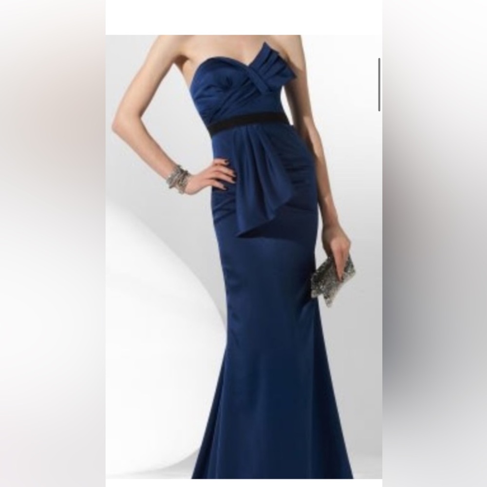 BCBG. Navy strapless gown with black accent at waist. Size 4